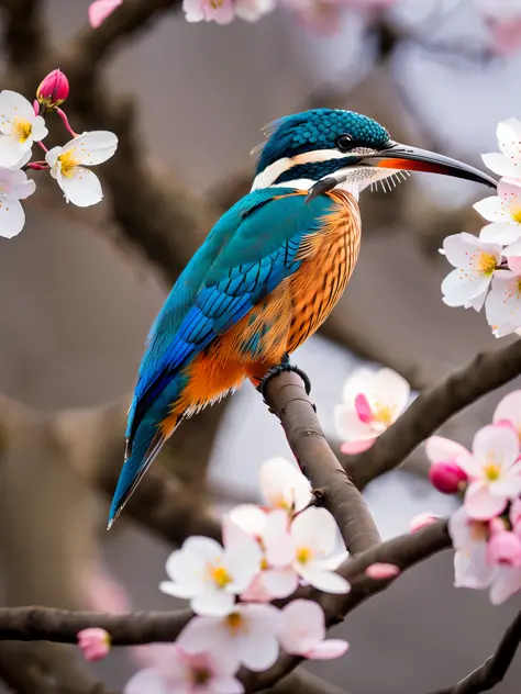 Superb Kingfisher Near White Cherry Blossoms on Branches, Dark, Dawn, (Cold Morning: 1.1), (Morning Dew: 1.15), Realistic Photog...
