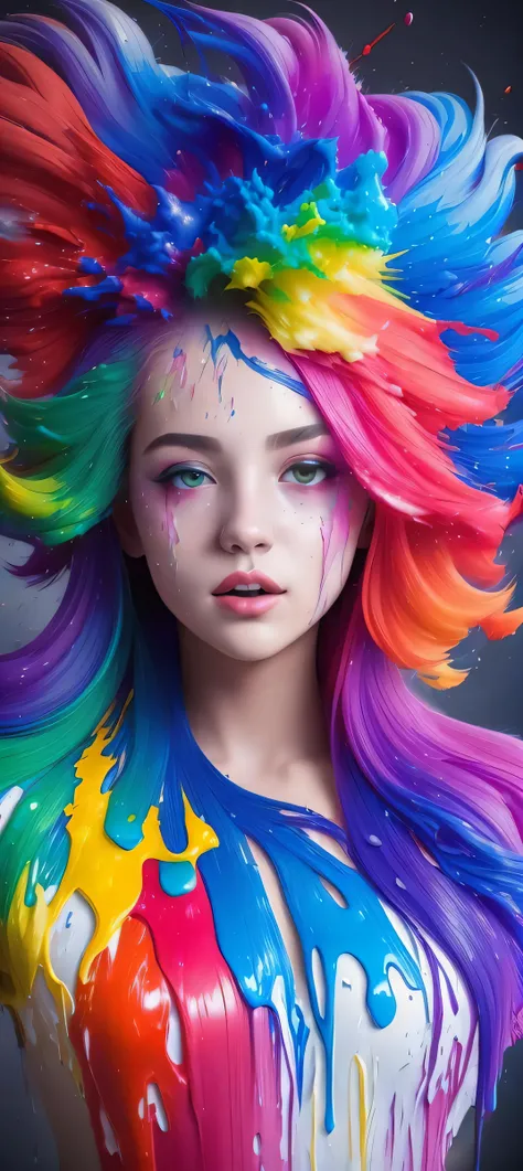 a surreal portrait of a woman with rainbow paint pouring out of her ...