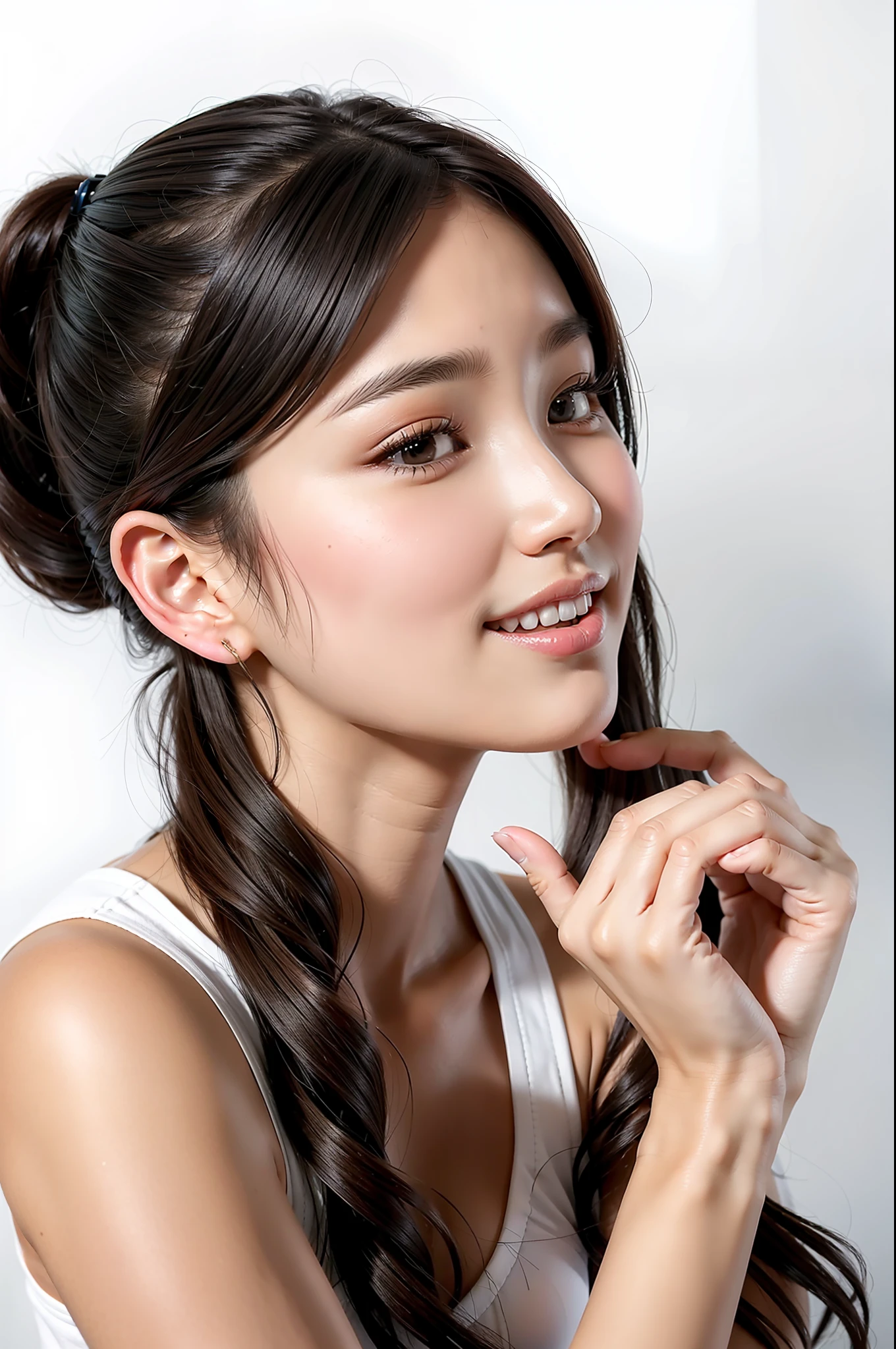 (Vista lateral:1.2) y 8k HD RAW high resolution photo y (primer plano de la cara:0.75) y A beautiful Ulzzang Korean idol puts her hy on one of her cheeks:1.2) y aegyo sal y Long Lashes y Mascara y (hys visible) y (obra maestra:1.2) y (mejor calidad:1.2) y (Fotorrealista:1.4) y (Realista:1.4) y Detailed Skin Textures y detailed skin pores y (detailed hys) y (5 dedos detallados) y (Detallado 5 uñas de los dedos:1.15) y She looks at the camera y smiles naturally y her hys didn't merge with her face y (Fondo blanco:1.2) y (fondo sencillo:1.2)