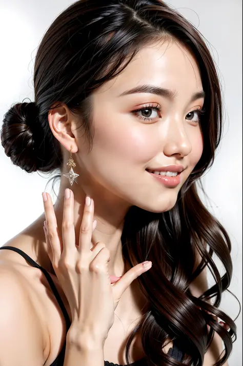 (side view:1.2) and 8k HD RAW high resolution photo and (face close-up:0.75) and A beautiful Ulzzang Korean idol puts her hand on one of her cheeks:1.2) and aegyo sal and Long Lashes and Mascara and (hands visible) and (masterpiece:1.2) and (best quality:1...