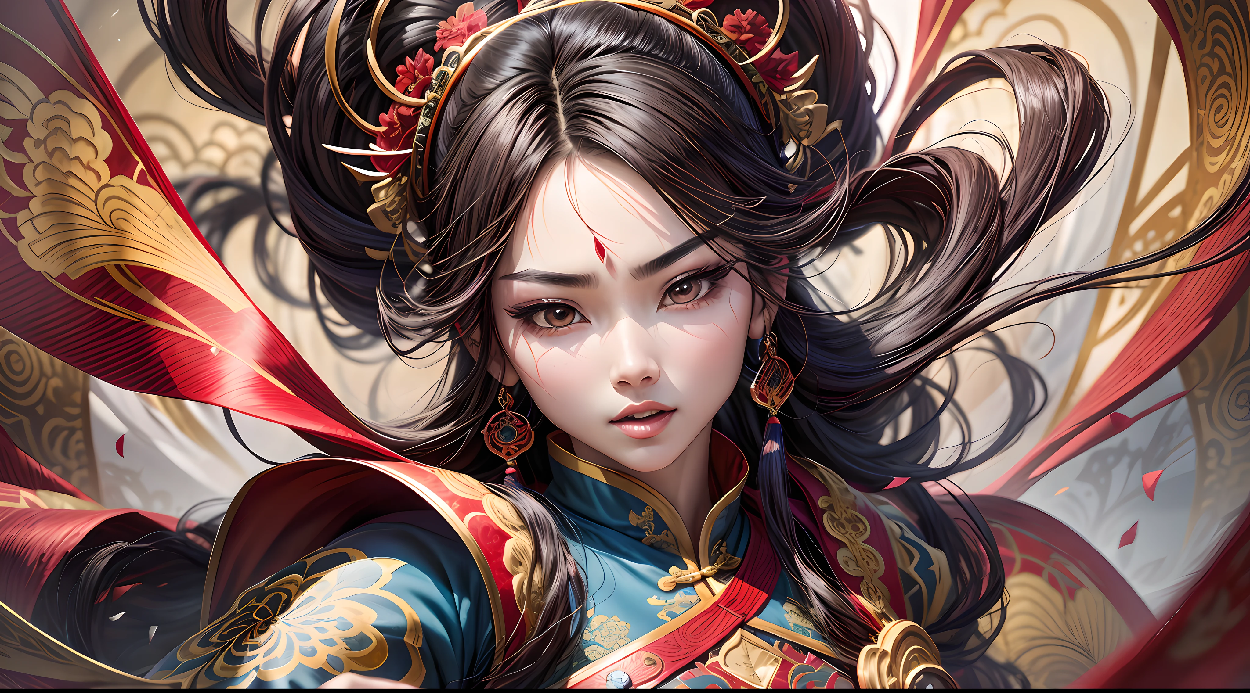 In the world of anime, a mesmerizing Chinese swordswoman comes to life with vibrant colors and vivid color blends. With a swift and determined motion, she dashes forward, her dynamic pose captivating the viewer's attention. Her flowing hair, adorned with delicate ornaments, adds a touch of elegance to her fierce demeanor. She wears an intricately designed traditional Chinese costume, vibrant in hues of crimson and gold, adorned with intricate embroidery and ornate patterns. The background is a fusion of energetic brushstrokes, blending vibrant colors to create a sense of movement and dynamism. Camera shot: close-up, Camera lens: sharp focus, Lighting: bold and vibrant, vivid color blend