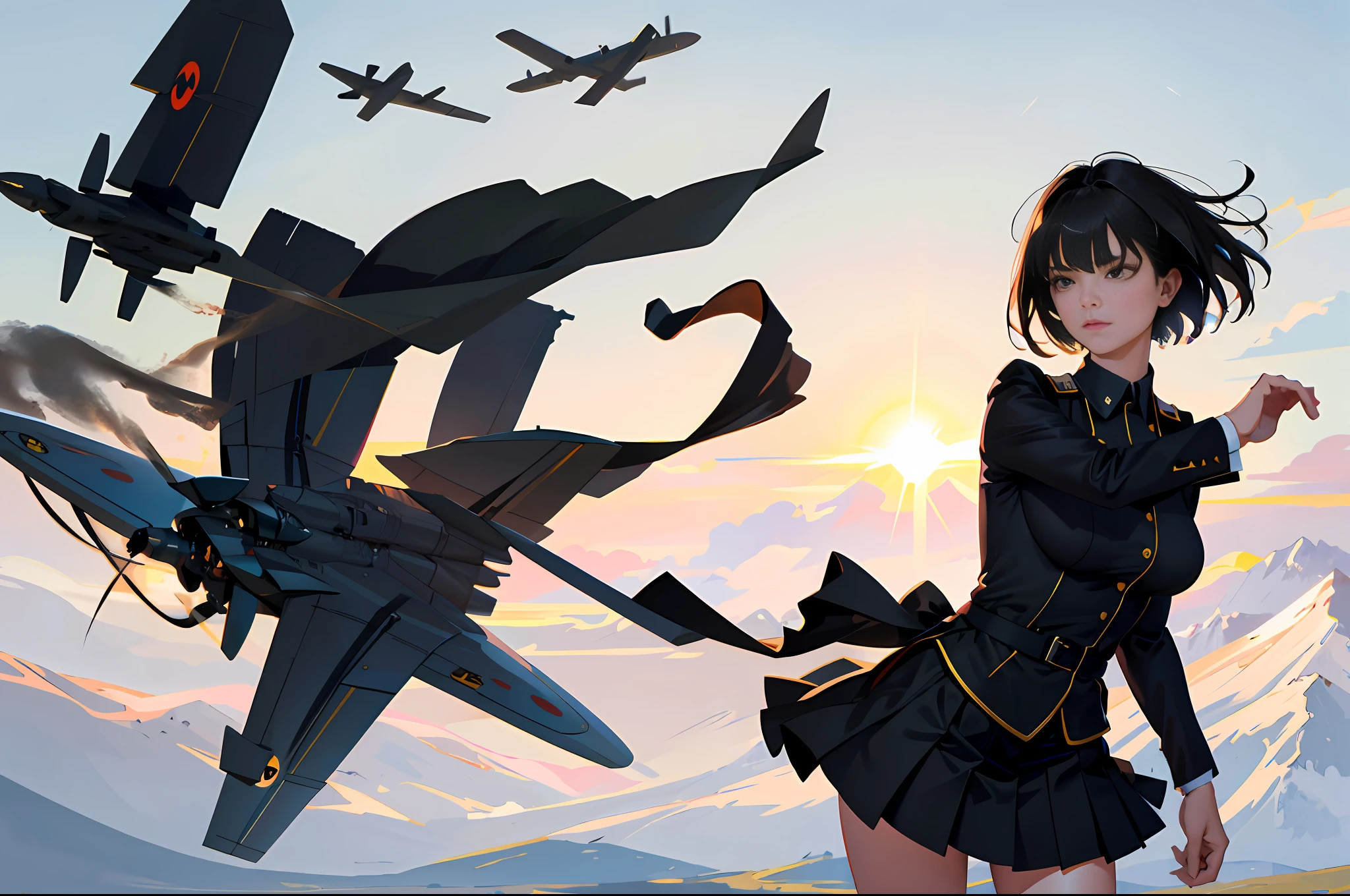 (highest resolution, distinct_image), highest quality, masterpiece, highly detailed, semi-realistic, short black-haired woman, mature woman, triple bangs, black uniform, black pleated skirt, military uniform, uniform, airbase, tarmac, fighter, air force, bomber