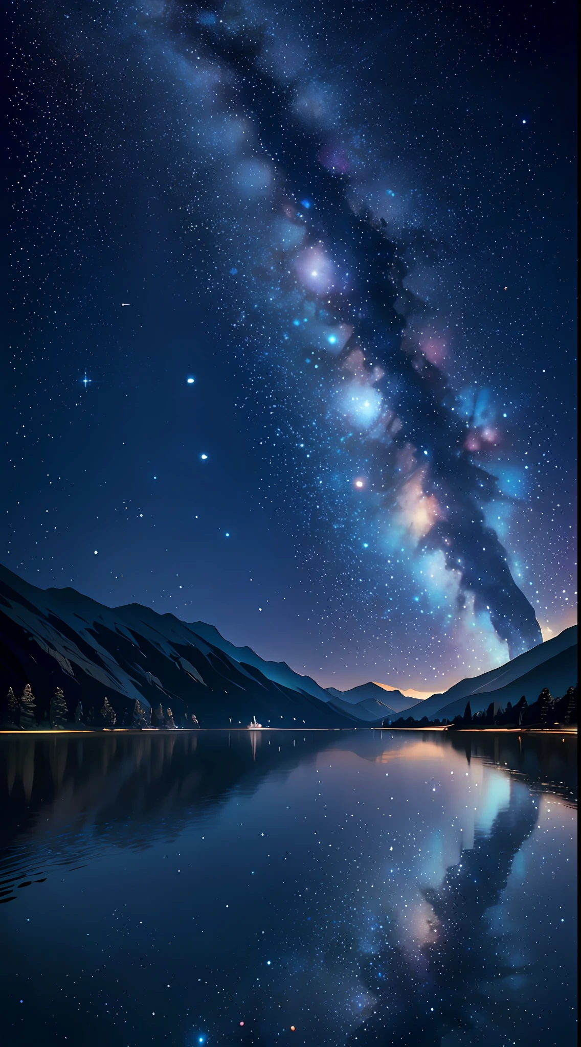 silence, (scenery, starry sky in water mirror:1.2), masterpiece, best quality, HDR, rocks, mountain range, darkness, nebula, particle, perspective, cinematic shadow, sharp focus, highres, photography, realistic, highest detailed, extreme detailed, ultra detailed, finely detail, starry sky