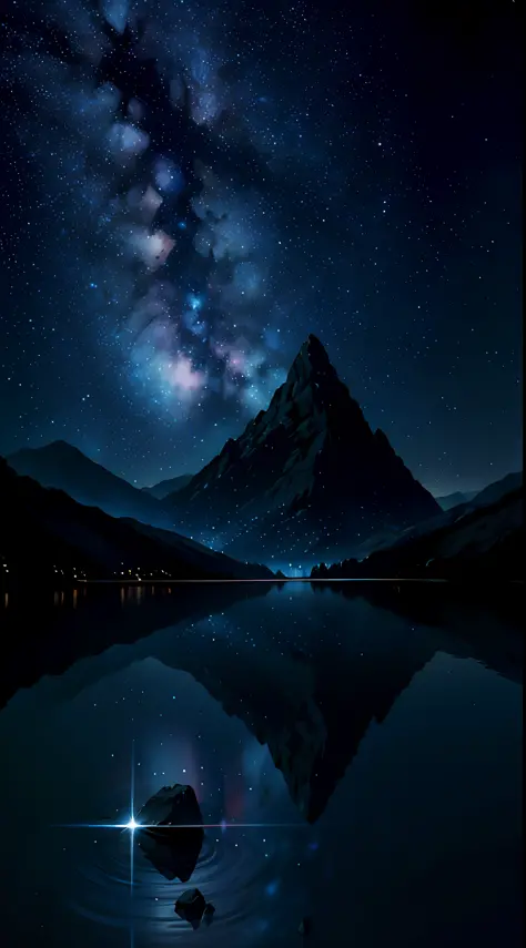 silence, (scenery, starry sky in water mirror:1.2), masterpiece, best quality, HDR, rocks, mountain range, darkness, nebula, par...