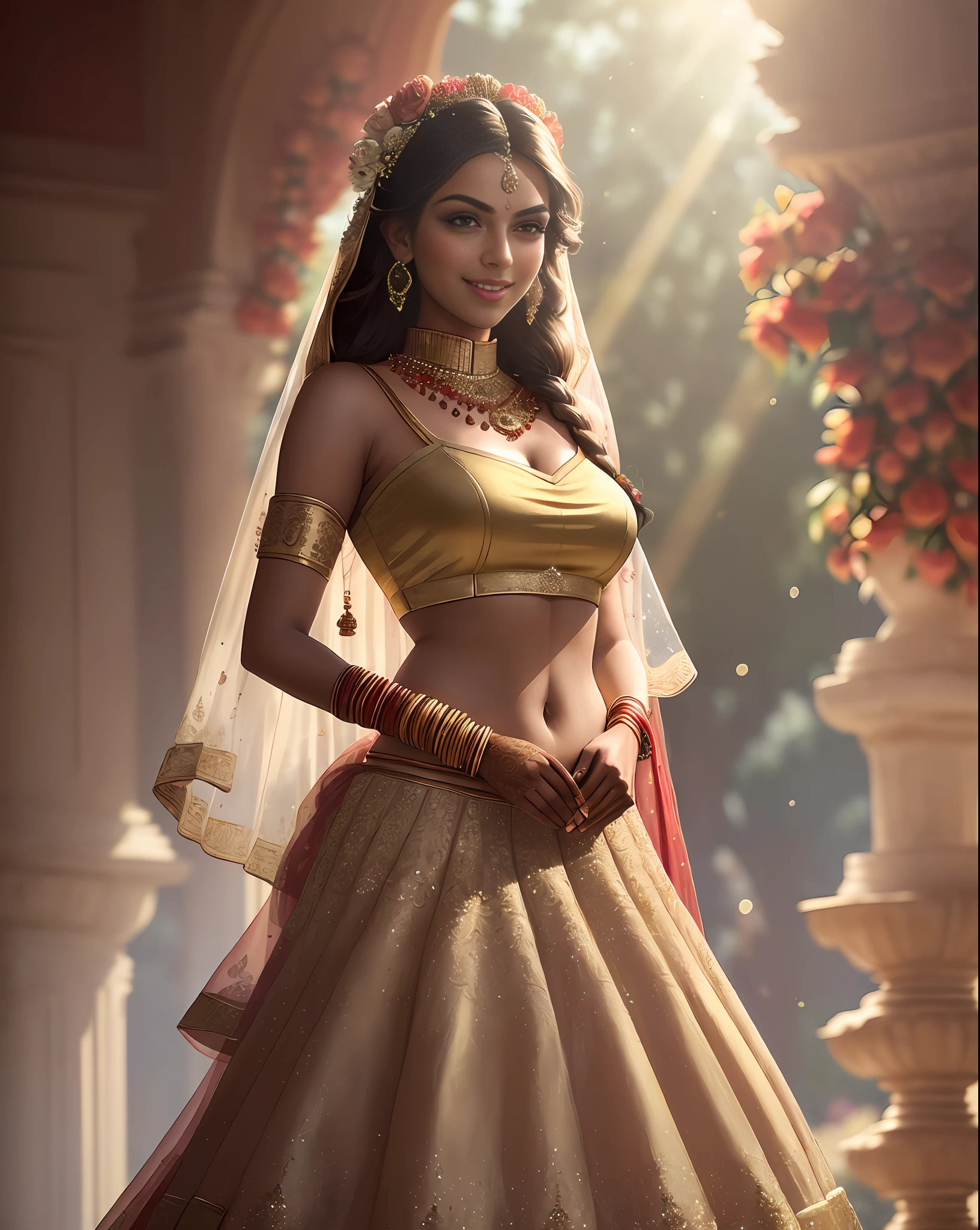 (masterpiece full length photography of a solo:1.2) alluring sexy tall curvy (18 yr old) Indian supermodel princess bride Amala Paul walking in (royal garden:1.3), (wearing stunning bridal red & gold lehenga & blouse:1.3). sheer dupatta, maximalism, (wedding flower decorations:1.3), (indian makeup & jewelry:1.2) long braided brown hair with highlights,, vivacious, lustful glance, exhilarated (beautiful detailed eyes:1.1) , (flirty bright smile:1.2), (intense dramatic afternoon light:1.4), backlit, key light, rim light, light rays, highly detailed, trending on artstation, paint splashes, rich color, abstract portrait, by Atey Ghailan