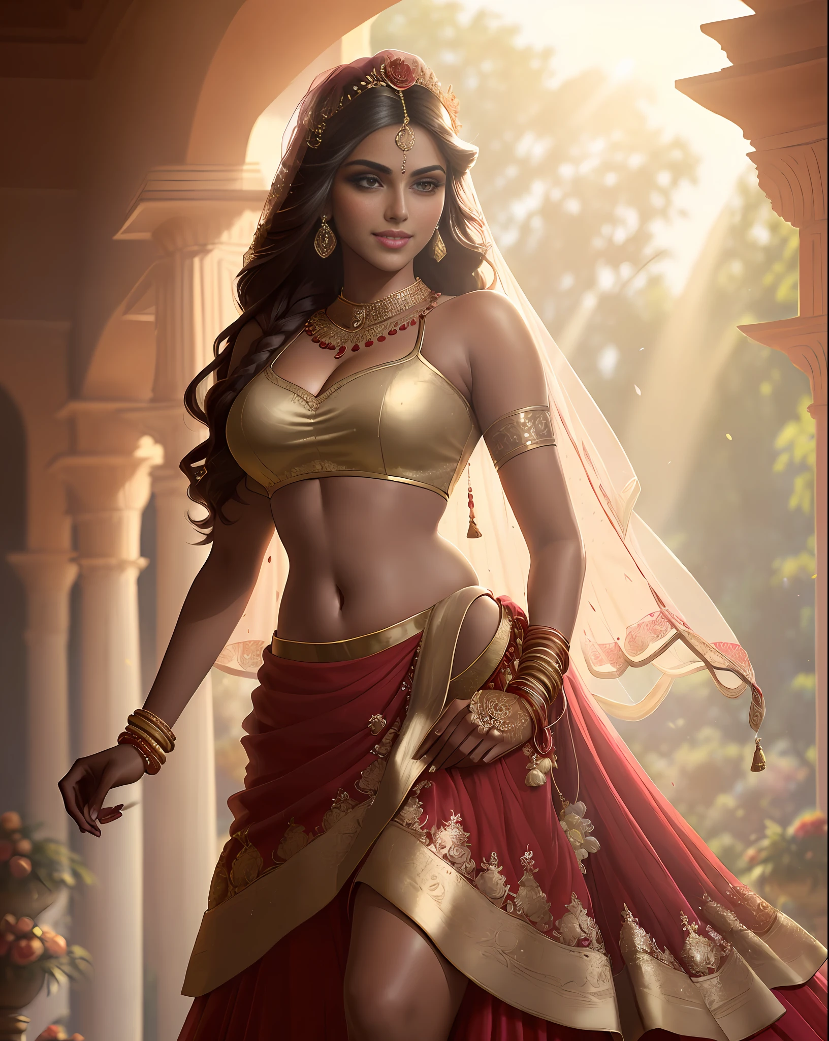 (masterpiece full length photography of a solo:1.2) alluring sexy tall curvy (18 yr old) Indian supermodel princess bride Amala Paul walking in (royal garden:1.3), (wearing stunning bridal red & gold lehenga & blouse:1.3). sheer dupatta, maximalism, (wedding flower decorations:1.3), (indian makeup & jewelry:1.2) long braided brown hair with highlights,, vivacious, lustful glance, exhilarated (beautiful detailed eyes:1.1) , (flirty bright smile:1.2), (intense dramatic afternoon light:1.4), backlit, key light, rim light, light rays, highly detailed, trending on artstation, paint splashes, rich color, abstract portrait, by Atey Ghailan