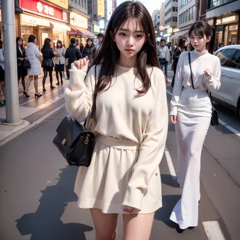 there is a woman who is on the street with a purse, ulzzang, korean girl, lovely young korean face, beautiful young korean, beau...