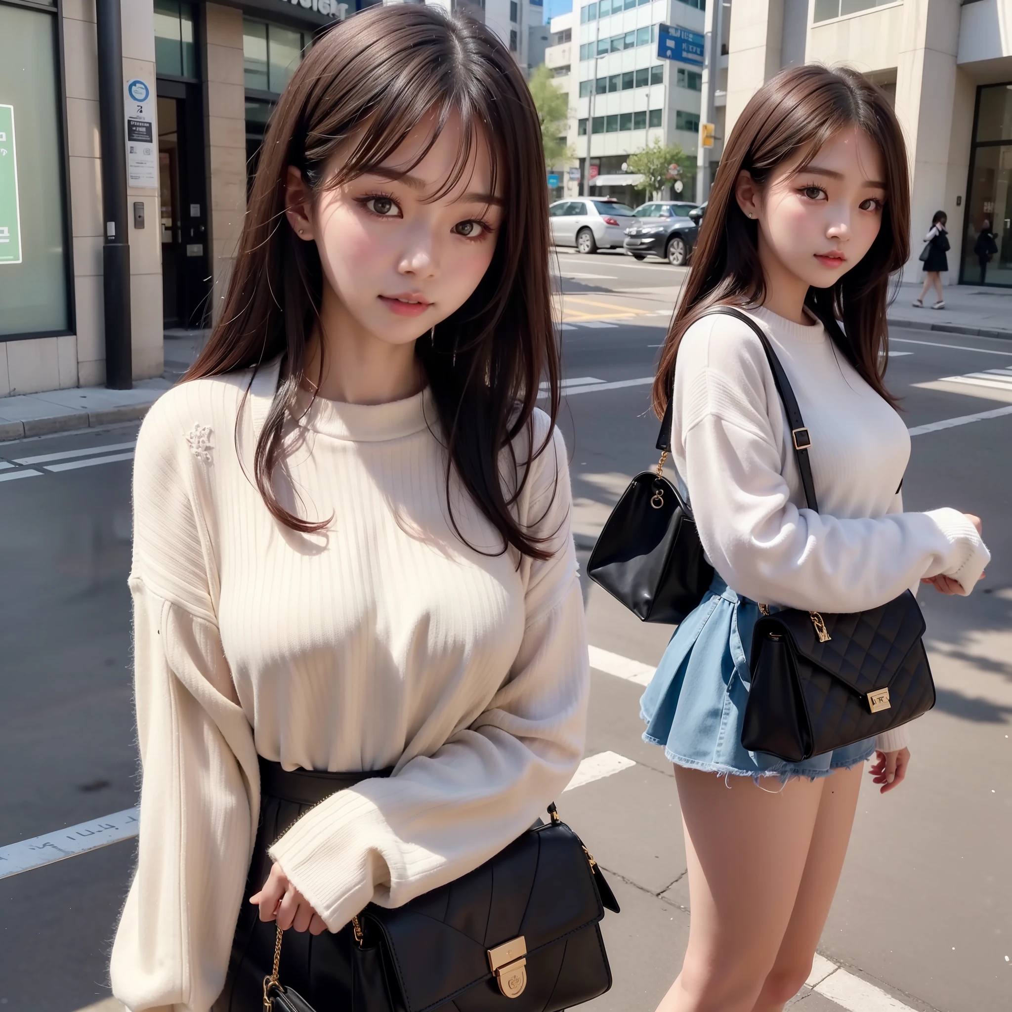 Da ist eine Frau, die mit einer Handtasche auf der Straße steht, Ulzzang, koreanisches Mädchen, hübsches junges koreanisches Gesicht, schöne junge Koreanerin, schöne junge Koreanerin girl, trägt weißen Pullover, Junges und schönes Mädchen, Schönes asiatisches Mädchen, mit mittlerem Haar, schöne südkoreanische Frau,