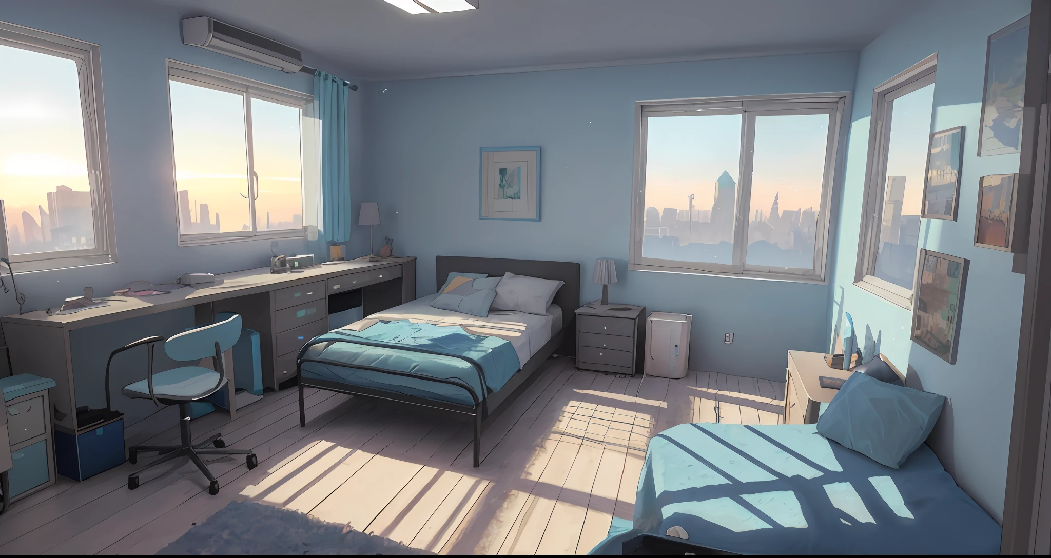 Gorgeous sci-fi matte painting for the bedroom of John Harris, Sparta and Greg Rutkowski. Sharp edges, Tiffany blue, small bedroom, teenage room, mess, junk, dark gray, gray-blue, white.. Sci-fi bedroom, outside the windows of the Cyberpunk cityscape, sunset, light orange effect. Ultra-clear detailed, 3D, octane 8K rendering