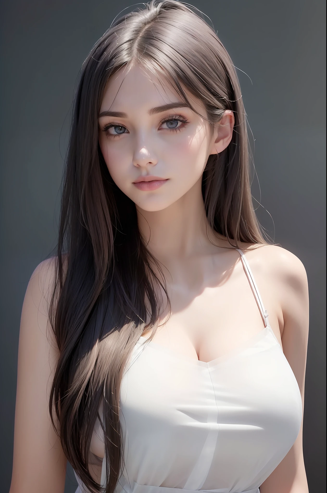 photo of a 18 y.o girl, beautiful vintage color, instagram (photorealistic, high resolution:1.4), ((puffy eyes)), looking at viewer, , full body (8k, RAW photo, best quality, masterpiece:1.2), (realistic, photo-realistic:1.37), (sharp focus:1.2), professional lighting, photon mapping, radiosity, physically-based rendering, (pale skin:1.2), (medium breasts:1.2), looking at viewer, (middle hair:1.5), portrait, purple eyes, (sliver hair:1.1), bangs, (simple background:1.4), solo, upper body, realistic, (masterpiece:1.4), (best quality:1.4), (shiny skin), fashion girl, makeup, smile(skinny, closed mouth,shy:1.3), (sheer fabric cami:1.5513), (standing:1.1), medium bust, sexy pose, {NSFW:1.2},