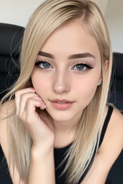 ((best quality)), ((ultra res)), ((photorealistic)), (intricate details), 19 years old, blonde hair, perfect face, make up:1.5, light on face, face detail, pixie_cut,