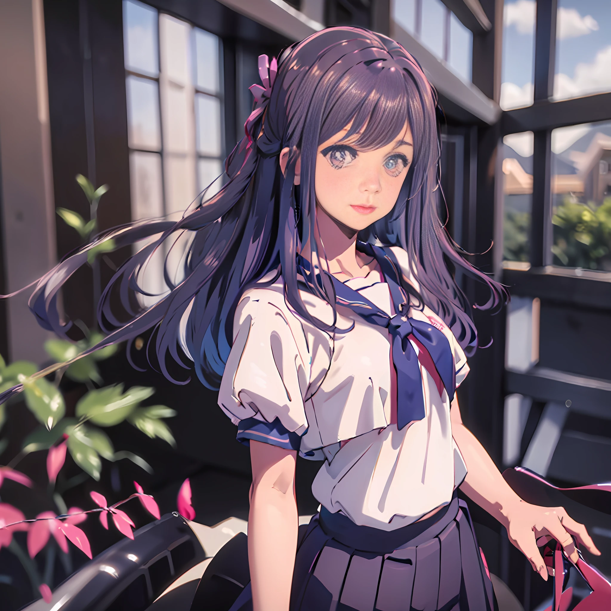 1girl, Purple hair, Hair ornament, Sailor suit, Floating hair, Dark blue pleated skirt, Kyoto, High definition, 8K, 4K, High Definition, High Definition, Anime