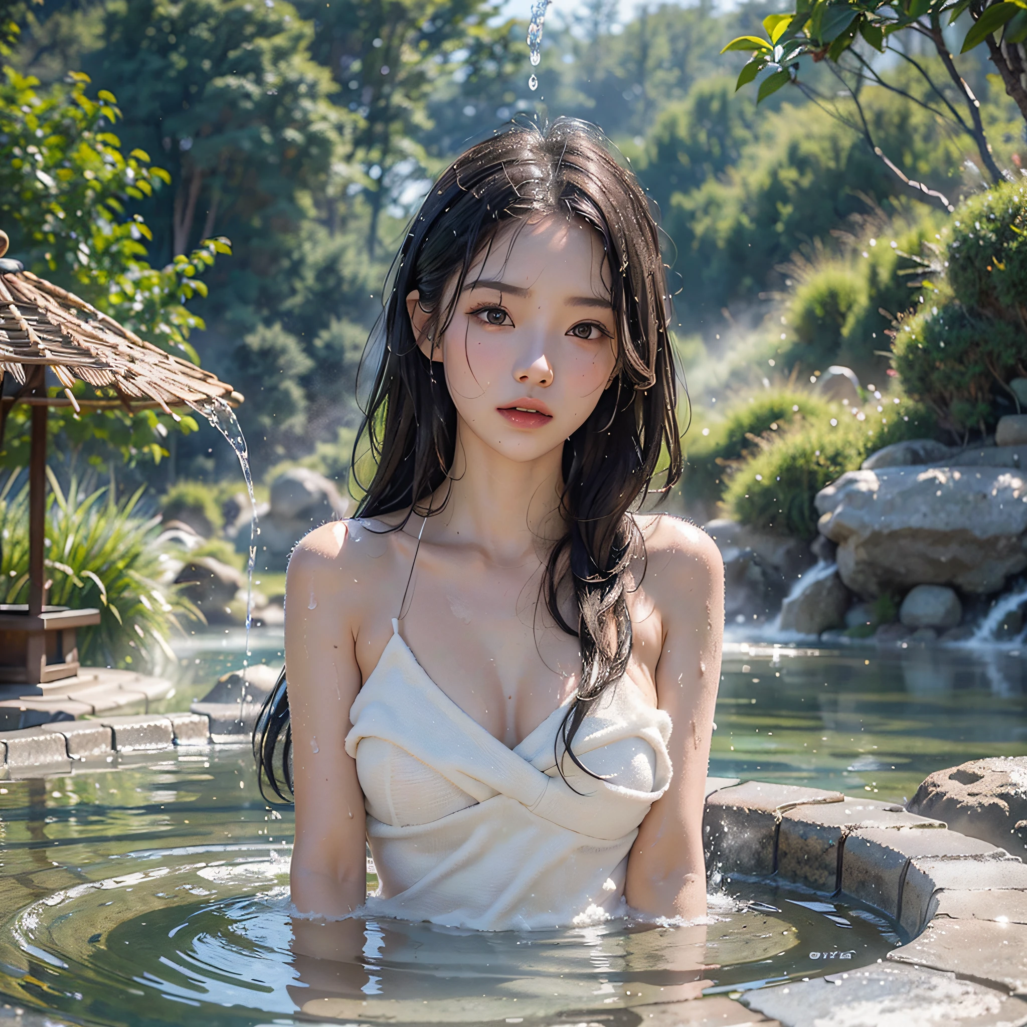 8k, Top Quality, (Beauty), High Definition, Realistic, Real Person, Young and Pretty Single Girl, (Naked Towel), (Geyser, Hot Spring:1.2), Moist Skin, (Mist:1.2), Mist, Glossy Skin, (Partially Submerged in Hot Spring Bath:1.2), (Wet Hair:1.2), Mist, Wet, Moisturize, Beautiful Japan Mountains and Lakes,