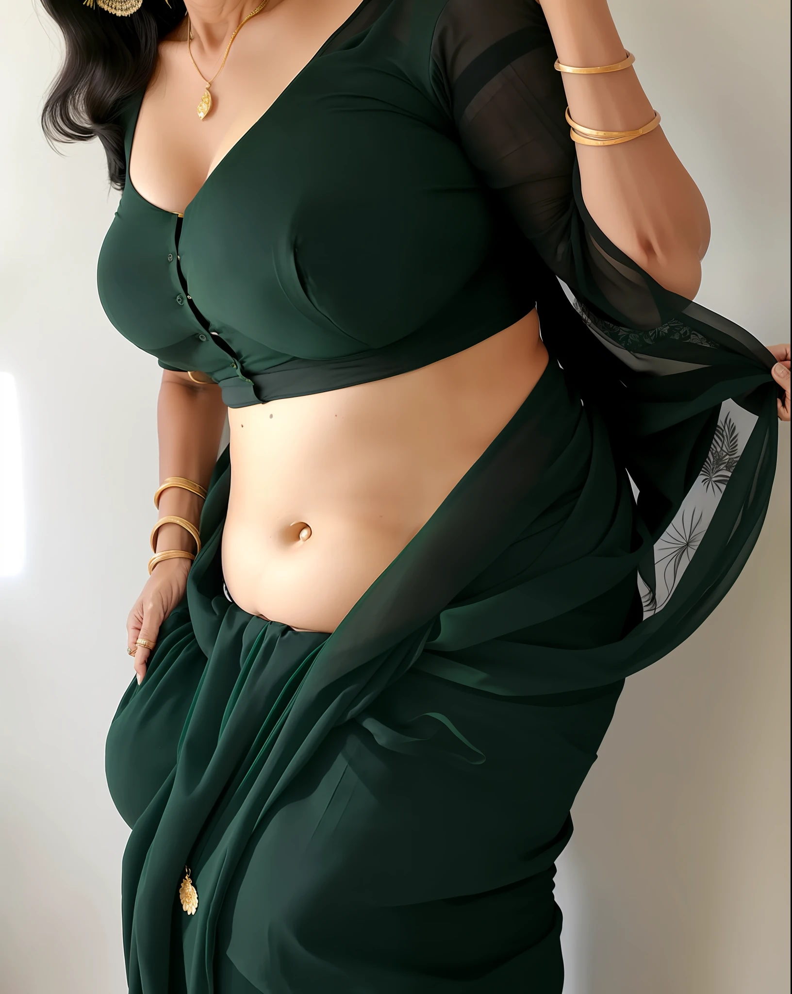 A woman in a green sari posing for the camera - SeaArt AI