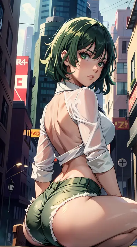 anime screencap, city, 1girl, solo, dark green hair, green eyes, looking at the viewer, lustful, closed mouth, ass, wide hips, w...