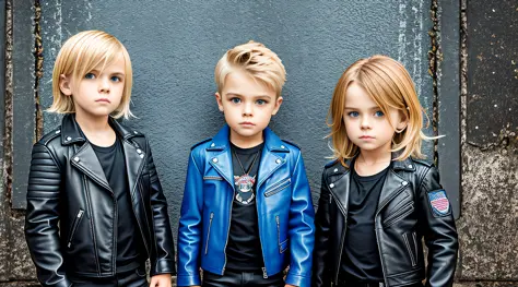 three children in leather jackets standing in front of a petroleum blue background, leather clothes, leather clothes, Next Gen, ...