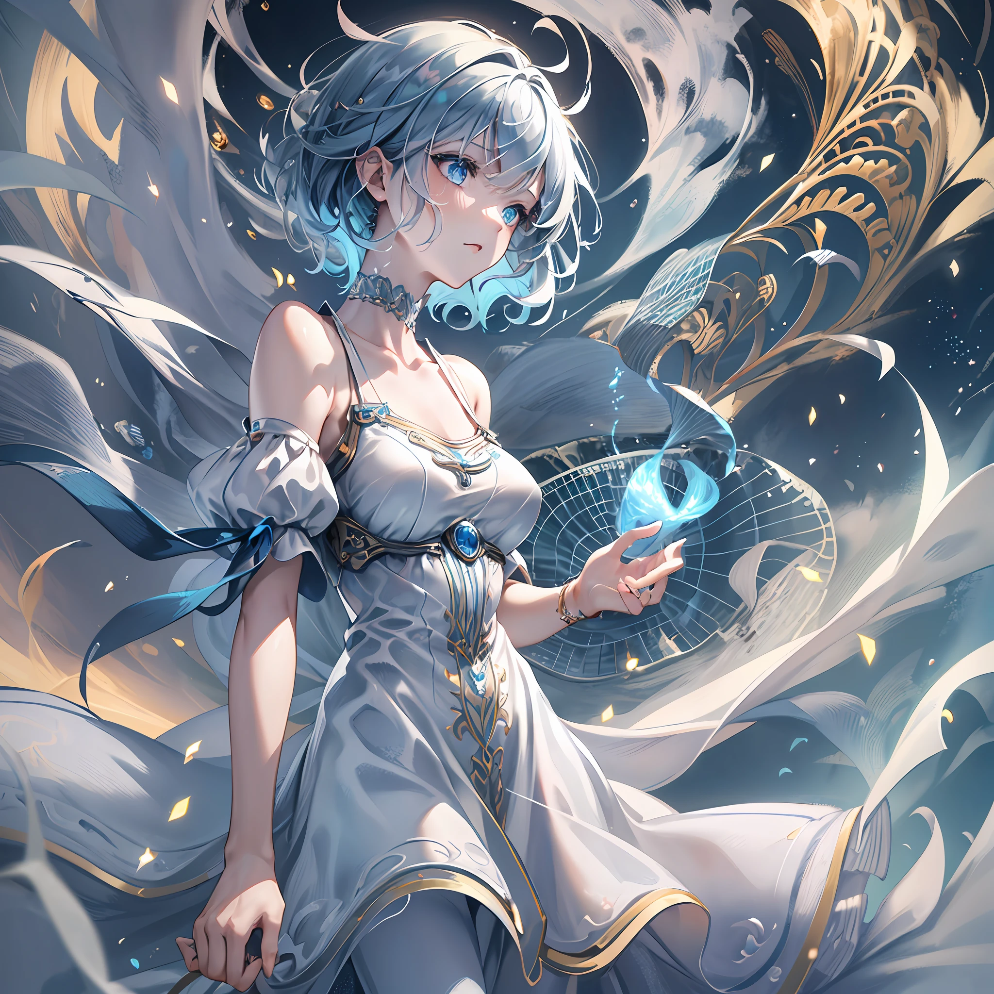 (masterpiece), (best quality), (yellow eyes), girl, ((short dark blue hair), (slightly curly hair), (M bangs), (white dress), starry sky, ocean, wind, expressionless, holding water
Sound limbs, meticulously depicted, delicate, (meticulously depicted eyes), aesthetic, (colorful), ((top quality)), ((exquisite cg)), (highest resolution)), ((masterpiece)), (masterpiece), ((detailed facial depiction)), fine hair, delicate portrayal, ((illustration)) pink hair, short ear-length hair, blue eyes, gray mechanic clothing, natural, reliable, crazy, confident, futuristic,, blue hair, Golden eyes, turquoise off-the-shoulder dress, blue shoulder straps, white armbands, long sweatpants, thoughtful, melancholy, feminine,, --auto --s2