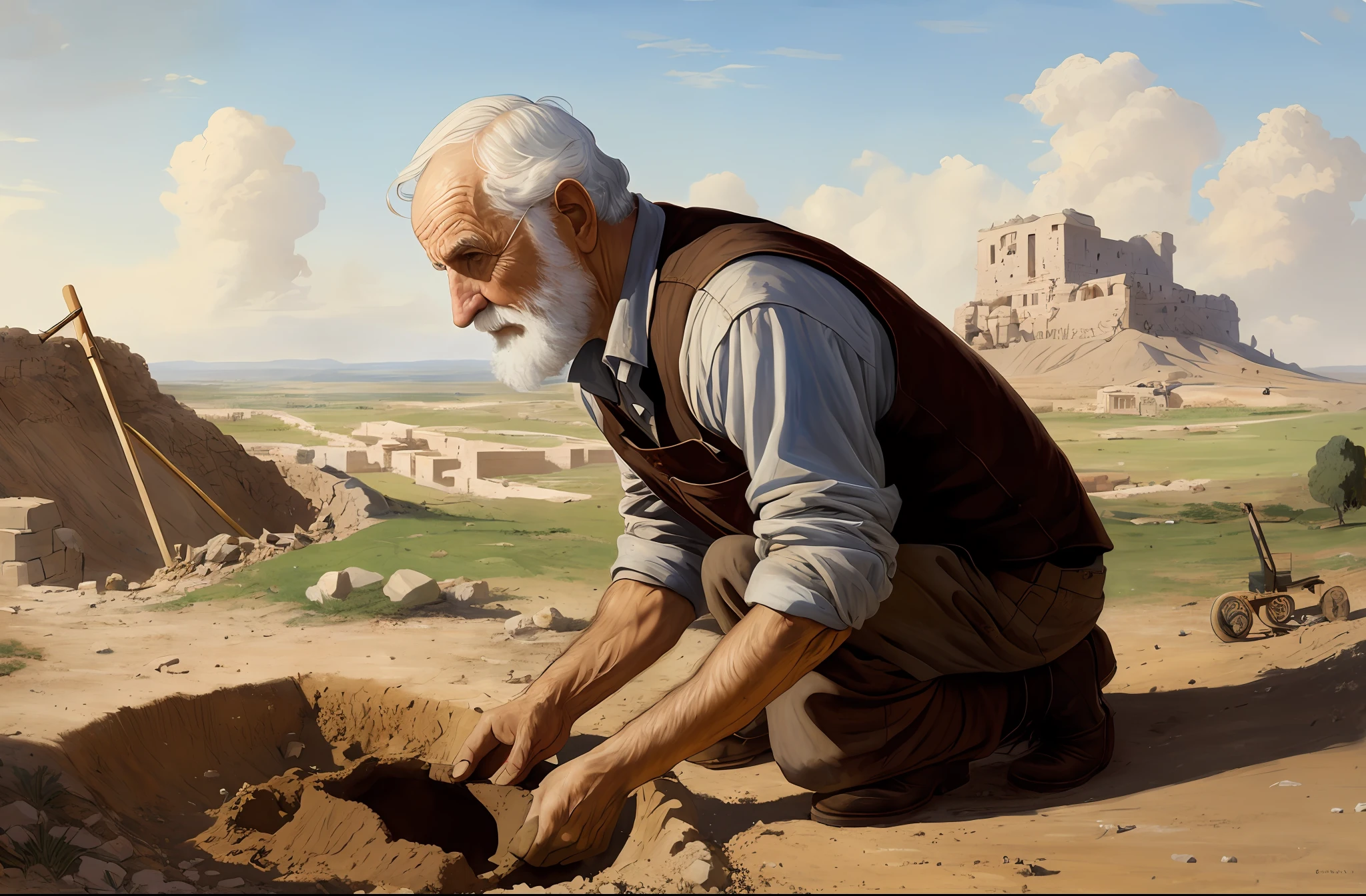 A portrait of an old man digging a hole in the ground 2nd century, beautiful painting with highly detailed face by Greg Rutkowski and Magali Villanueve