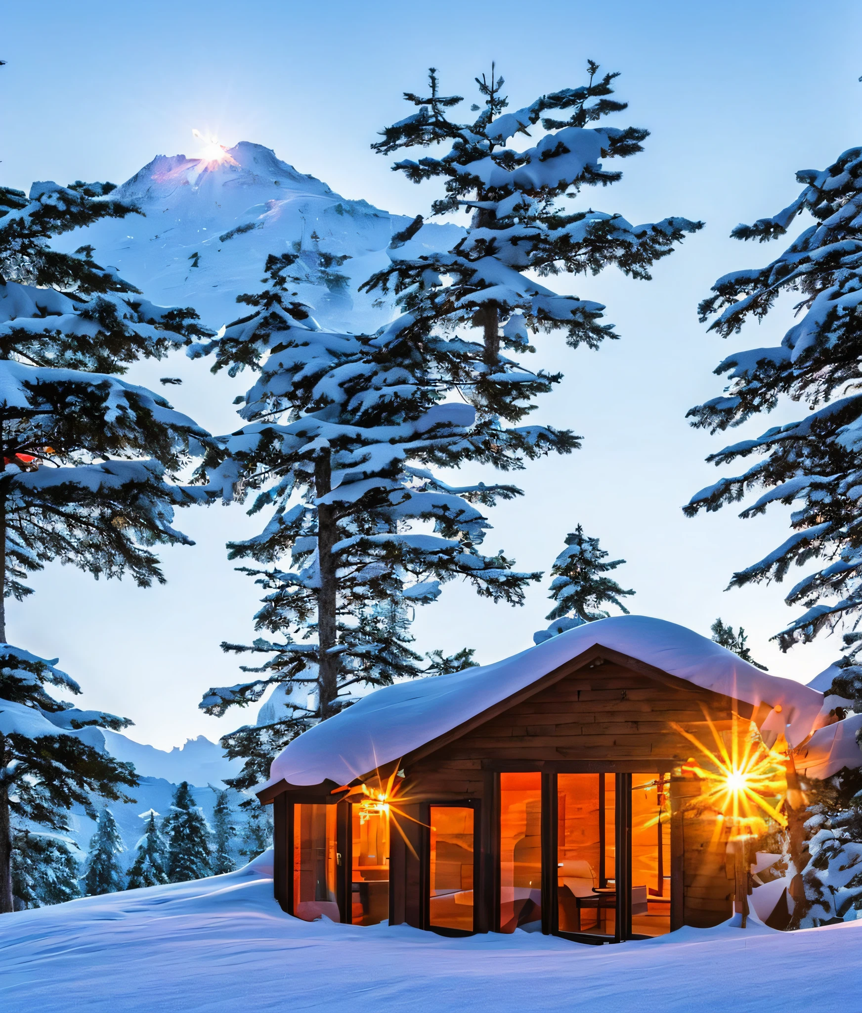 Crea una cabaña al pie de una montaña con una hermosa puesta de sol, en la cima de las montañas nevadas, varios árboles alrededor