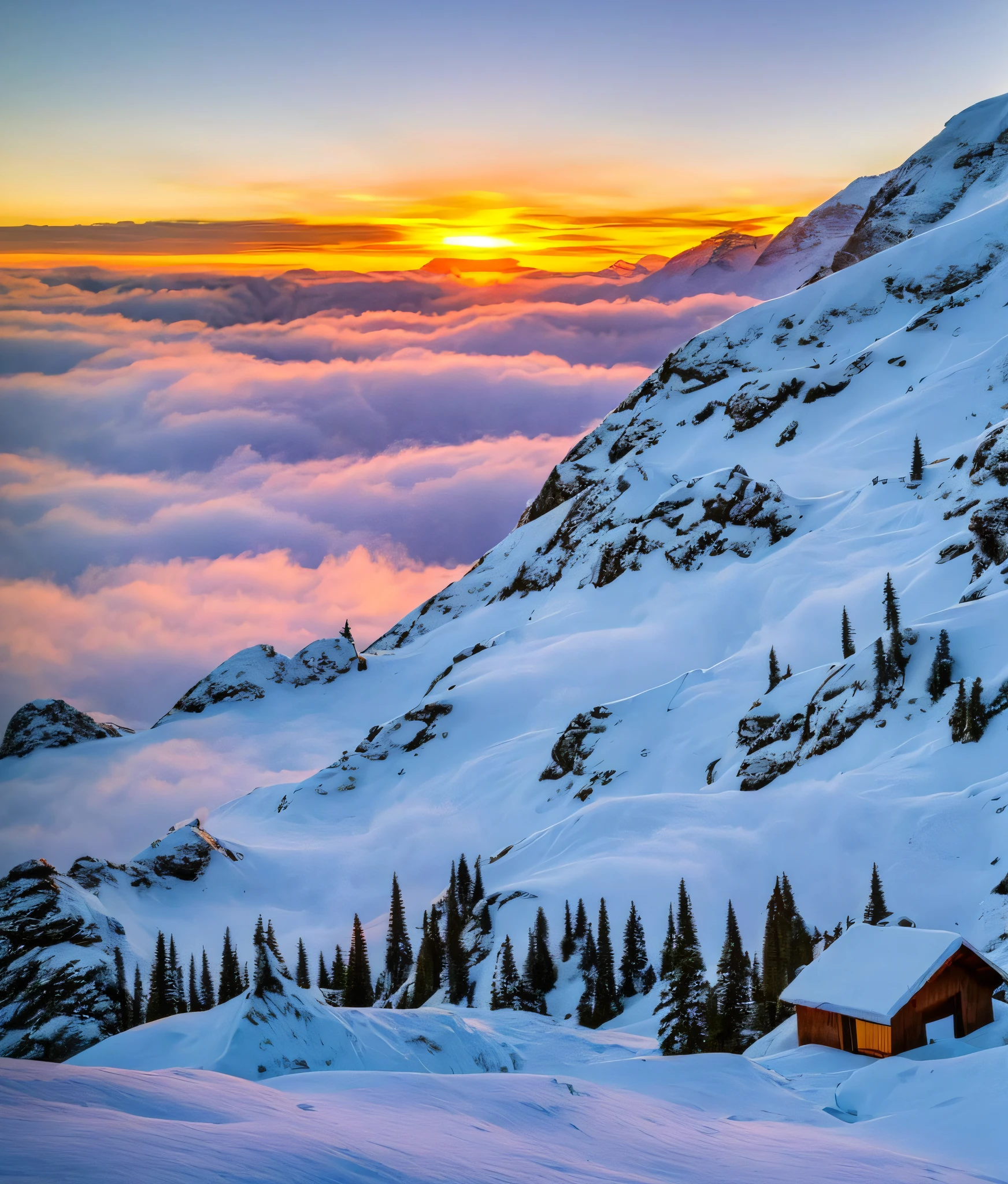 Crie uma cabana no sopé de uma montanha com um lindo pôr do sol, no pico das montanhas nevadas, várias árvores ao redor