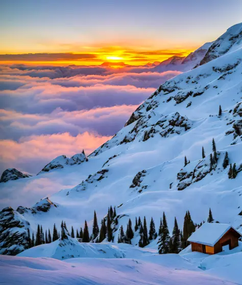 Create a hut on a foot of a mountain with a beautiful sunset, on the peak of the snow mountains, several trees around