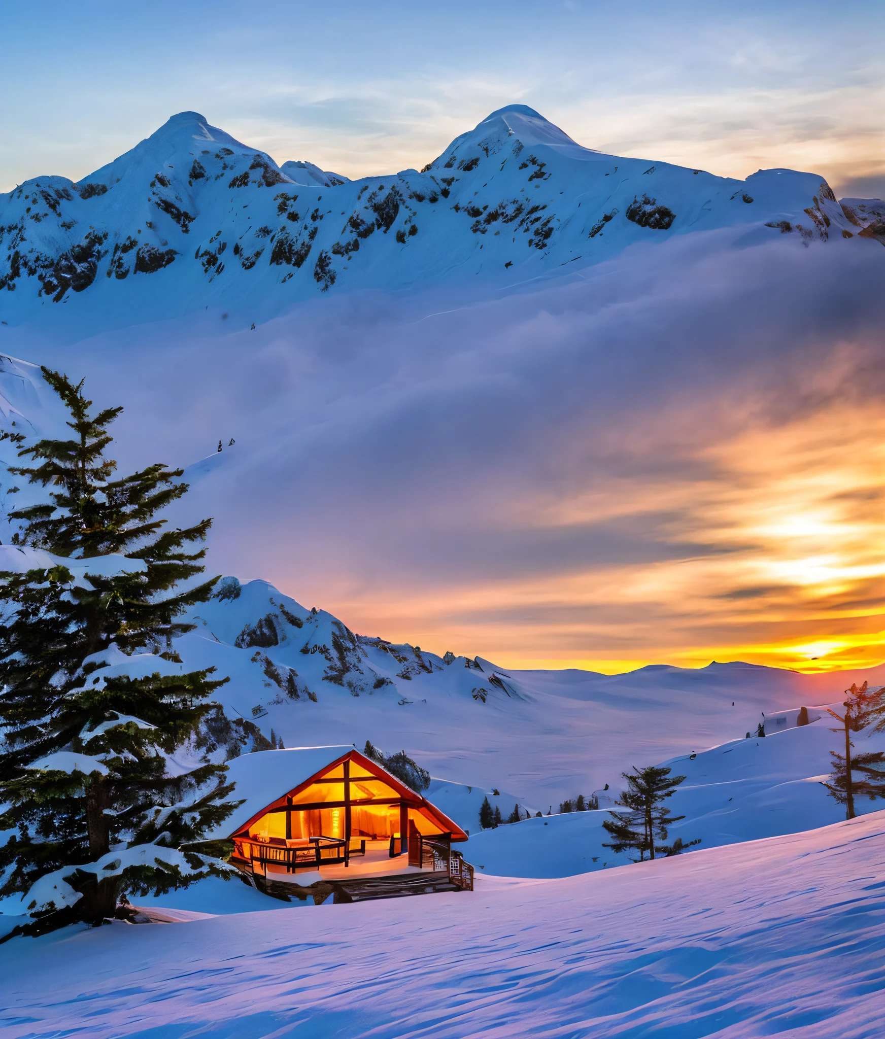 Erstellen Sie eine Hütte am Fuße eines Berges mit einem wunderschönen Sonnenuntergang, auf dem Gipfel der Schneeberge, mehrere Bäume um