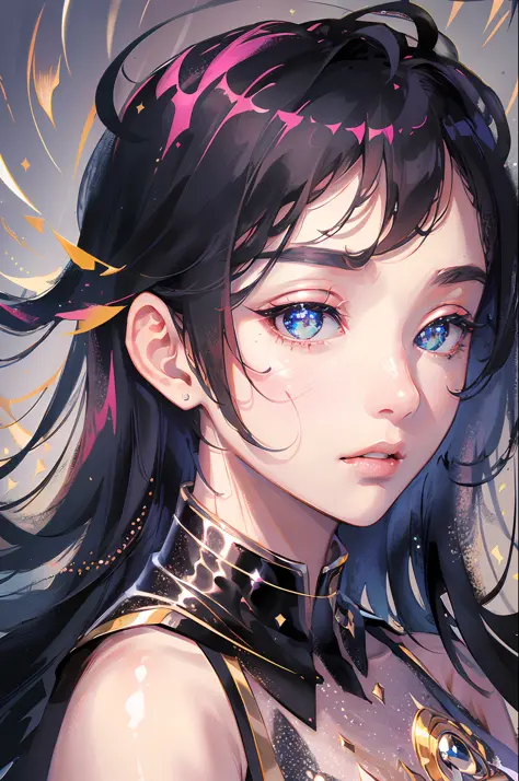 ((masterpiece, superb quality, super delicate, high resolution)), pretty girl, sparkling eyes, black gold style, flowing color i...