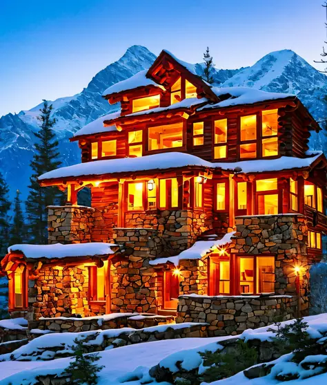 Create a beautiful mountain scene with a log house next to a rugged mountain with snow-capped peaks and a beautiful sunset