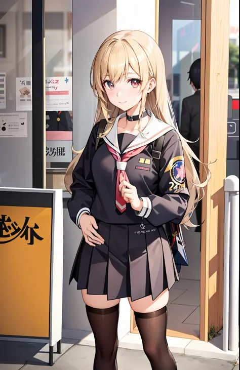 anime girl in school uniform standing in front of a store, an anime drawing by shitao, trending on pixiv, realism, a hyperrealis...