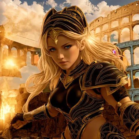 one female gladiator, blue eyes, blond hair, fair skin, amazingly gorgeous, stern and determined, tall and slender, abs, a pair ...