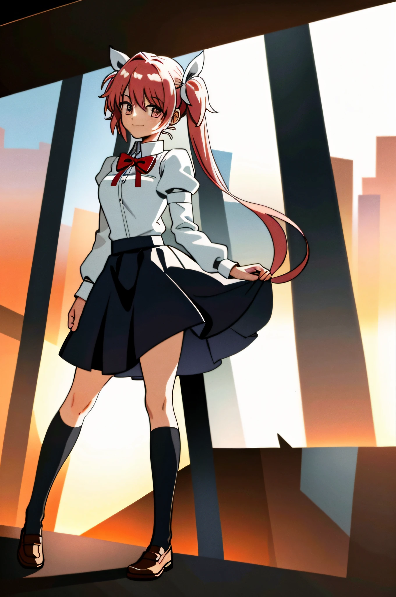 1girl, solo, madoka, school uniform, black skirt, happy, closed mouth, walking long skirt, twintail,