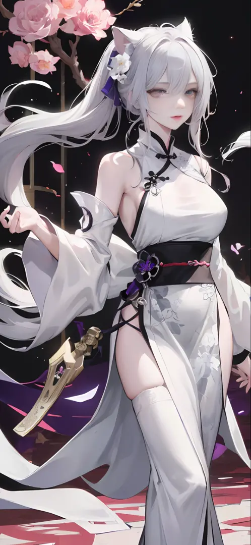 Masterpiece, Best, Night, Full Moon, 1 Female, Mature Woman, Chinese Style, Ancient China, Elder Sister, Royal Sister, Cold Face, Expressionless, Silver White Long Haired Woman, Pale Pink Lips, Calm, Intellectual, Three Belts, Gray Hitomi, Assassin, Dagger...