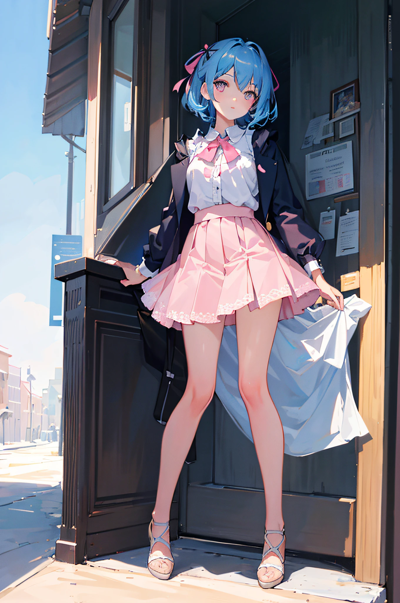 (fine beautiful eyes and detailed face, masterpiece side light, masterpiece, best quality, detailed, high resolution illustration), (1 girl, full body, beautiful girl, shiny skin, looking down, looking at the audience), (sky blue hair, pink eyes, short skirt, ribbon, button shirt)