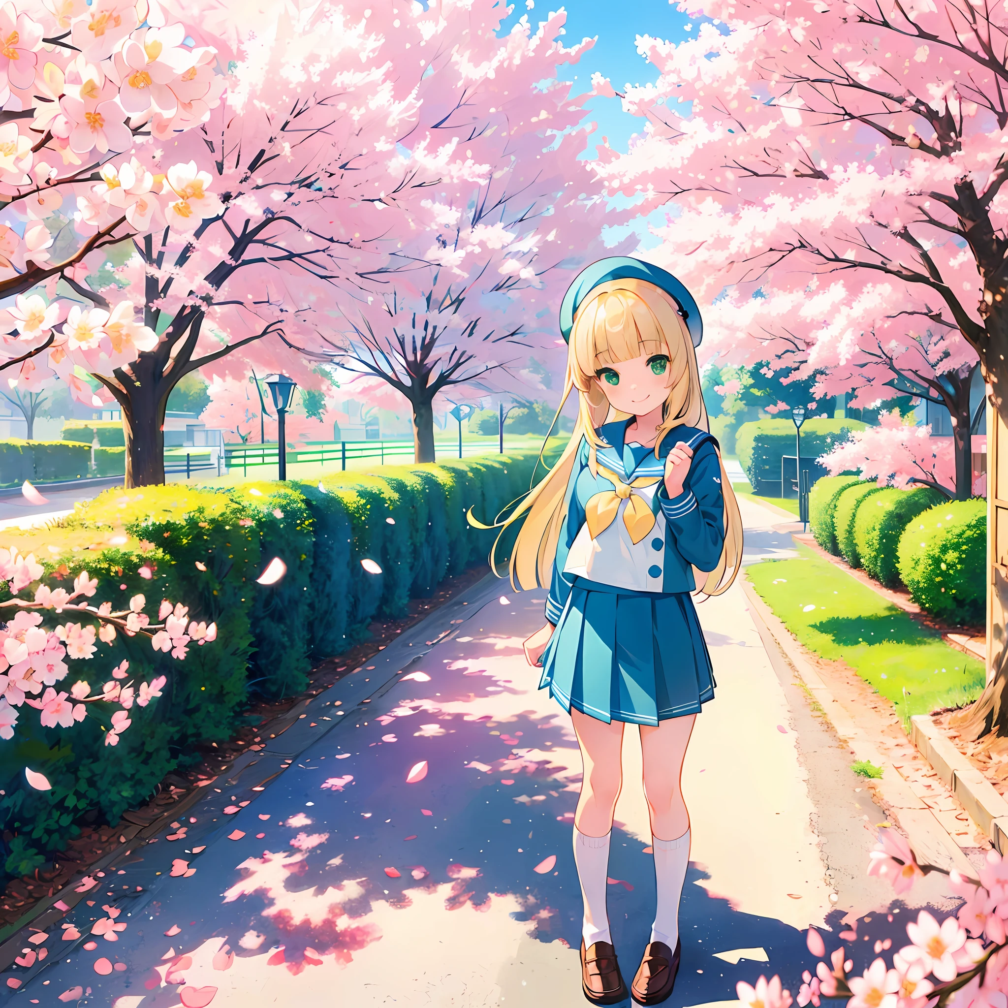 cute little girl standing in front of the school gate,blonde hair,green eyes,long hair,(blunt bangs),(sailor uniform:1.3),loose socks,loafers,full body,smile,kawaii,cowboy shot,concept art,cherry blossom tree,blue sky