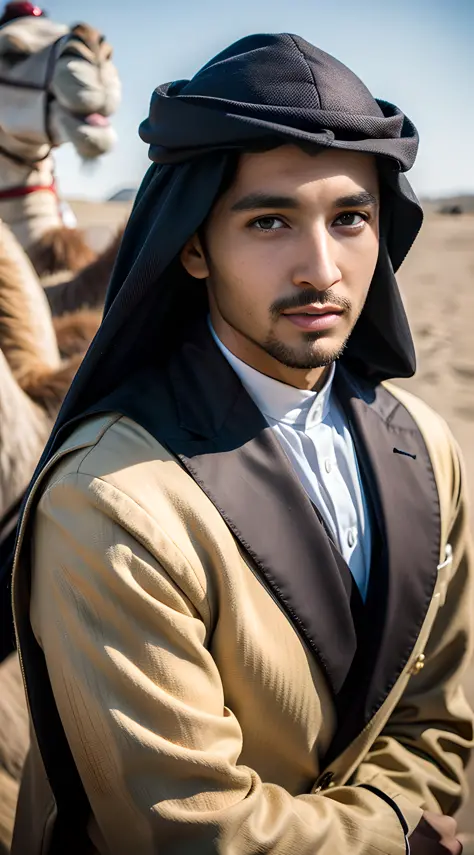 (man) (desert), (with camel), handsome muscular young boy, teenager, Hamdan bin Mohammed AI maktoum, Crown Prince of Dubai, (hig...