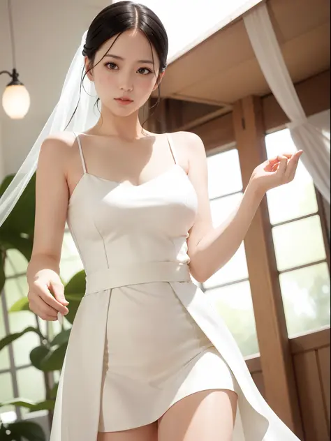 (sweat:0.7),light yellow wedding dress,white short skirt,woman,japanese,exquisite face, beautiful face,bare shoulders,shoulders ...