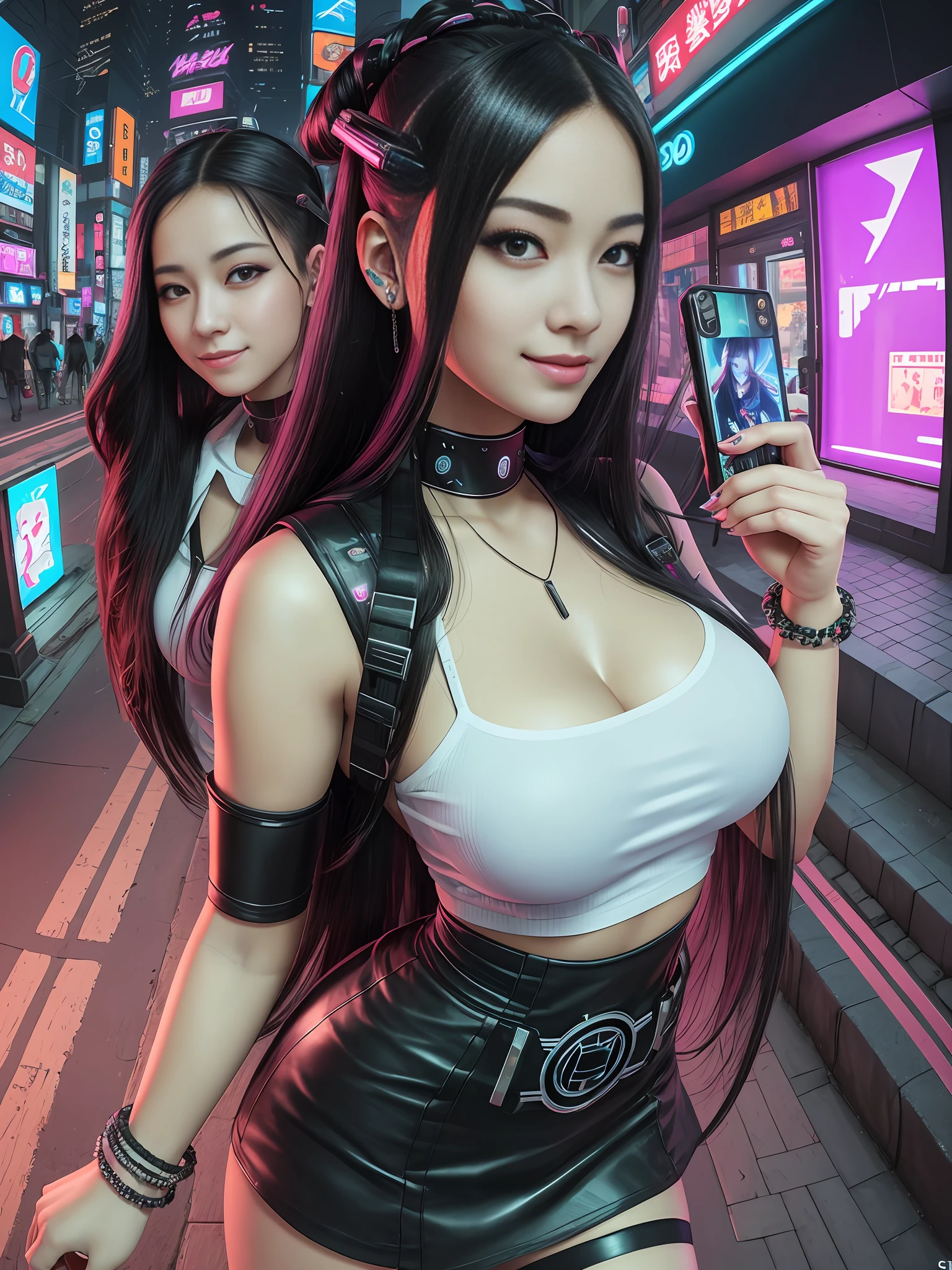 Two asian women in leather outfits standing in a city street - SeaArt AI