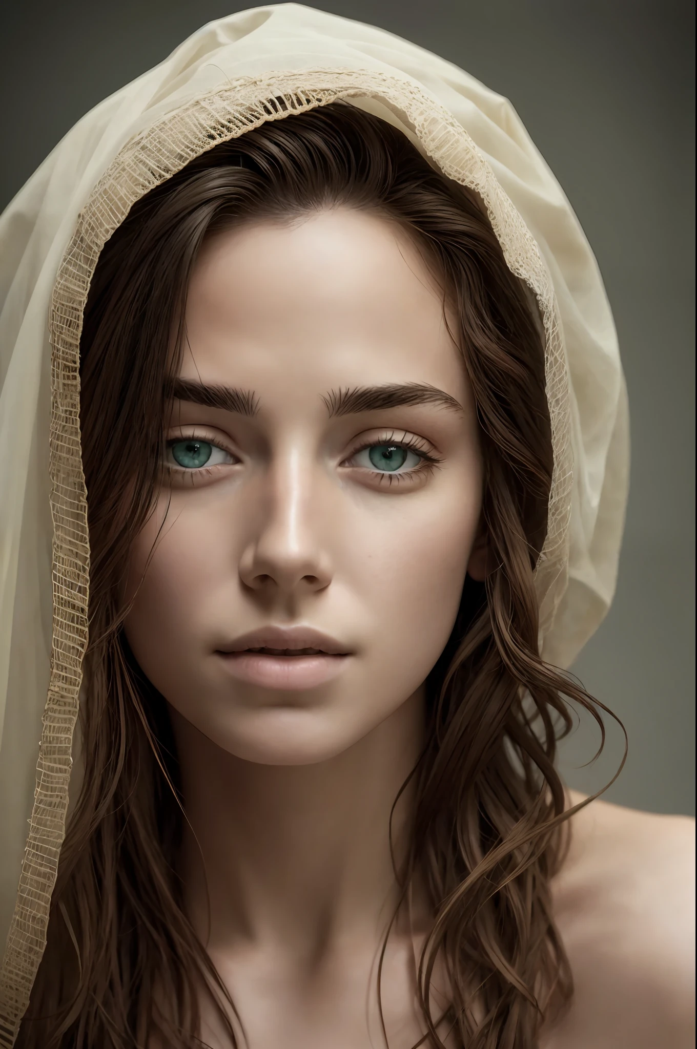 A photorealistic portrait of an incredibly beautiful woman without makeup, extremely detailed light green eyes, detailed symmetrical realistic face, natural skin texture, extremely detailed skin with skin pores, peach fuzz, messy hair, wearing shawl, masterpiece, absurdities, Lee Jeffries award-winning photo, Nikon D850 film photography, Kodak Portra 400 camera F1.6 lens, extremely detailed,  amazing, fine details, rich colors, hyper realistic texture, dramatic lighting, unrealengine, trend in artstation, cinestill 800 tungsten, looking at the viewer, realistic photo, RAW photo, TanvirTamim, high quality, high resolution, sharp focus, extremely detailed, cinematic lighting, 8k uhd