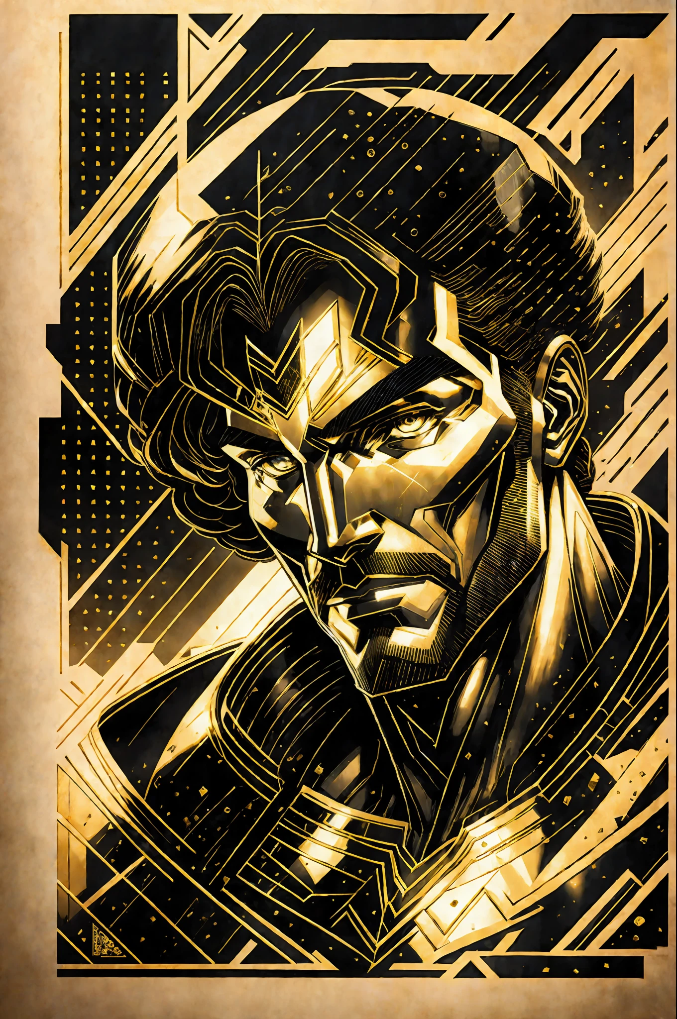 [gold and black Superman poster; solo] + [vector art + [inspired by Superman] + [superman portrait] + [dc comics art style, vector art, superhero portrait] + [dynamic line work] + [Jim Lee-inspired vector art featured on behance, net art] + [ intense line art] + [comic art style] + [vector ink drawing] + [crisp line work] + + [Vectorized] + [Silk screen print, serigraph, planographic engraving] + [Vector Painting] + [on Black Background: 1.4] Size: 512x512, Steps: 15, Sampler: DPM++ 2S a Karras, CFG scale: 3, Seed resize from: -1x-1, Denoising strength: 0.3, Base Model SD 2.1 as a t-shirt logo in the style of --auto --s2