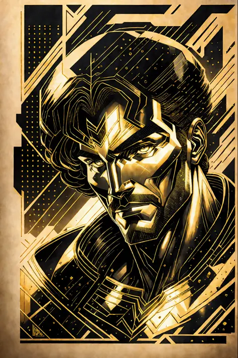 [gold and black Superman poster; solo] + [vector art + [inspired by Superman] + [superman portrait] + [dc comics art style, vect...