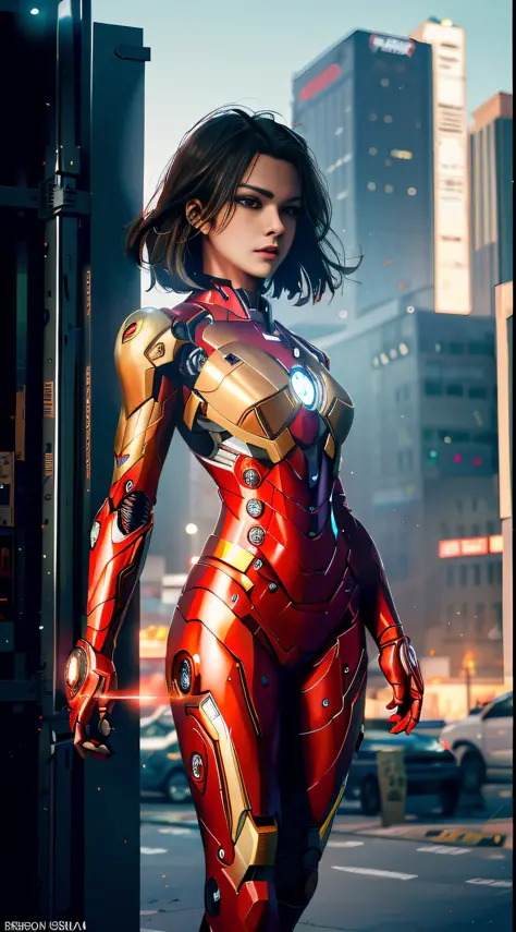 araffed woman in a red suit posing in the city, wojtek fus, stunning armor, cyberpunk iron man, emma watson as iron man, by Jaso...