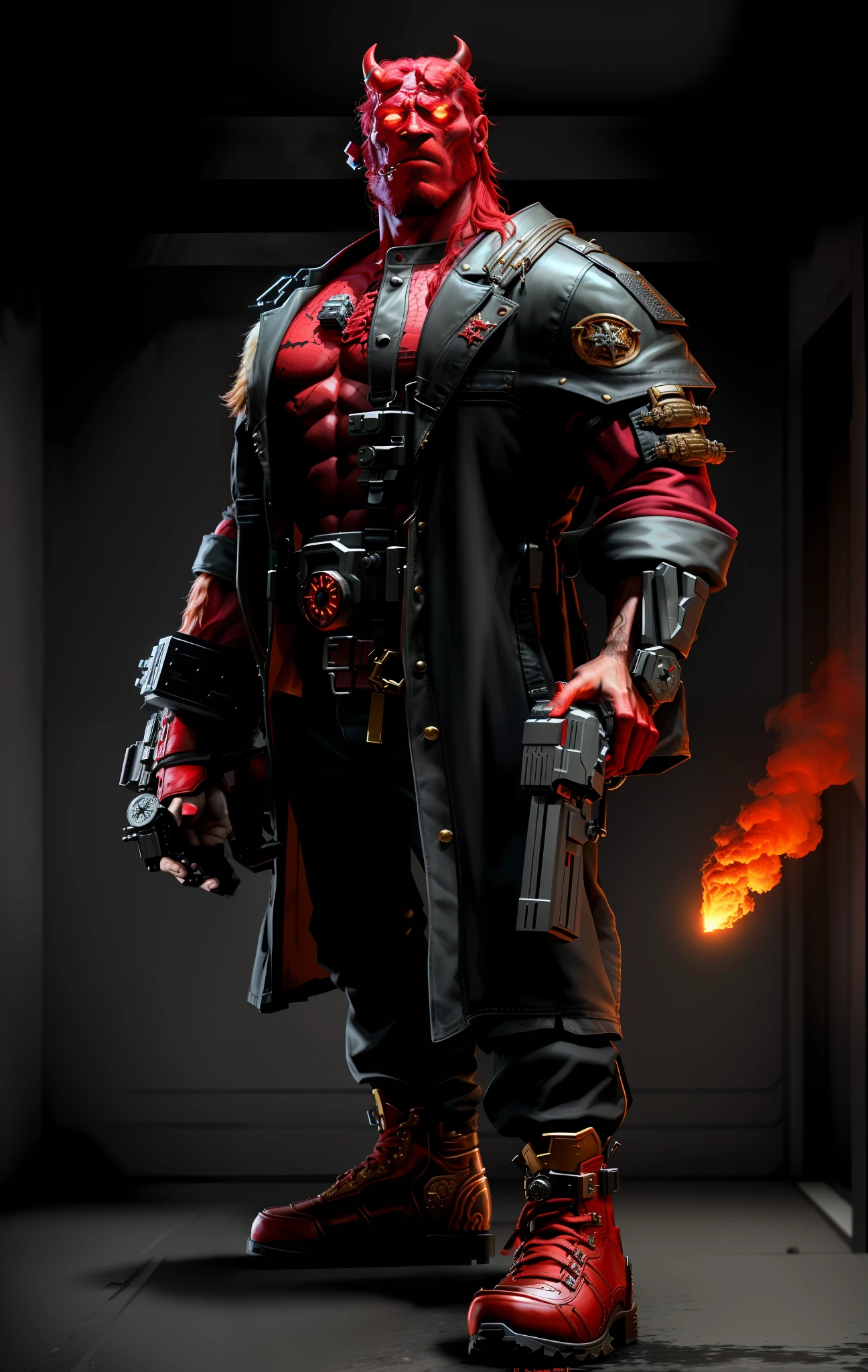 1 homem, pintado digitalmente, Terminator e Hellboy se cruzaram, de pé, Comprimento total, fundo branco, calvície, barbudo, par de chifres vermelhos serrados na cabeça, enfrente metade Hellboy e metade Terminator, músculos vermelhos bem desenvolvidos, meio baú revelando a mecânica do Exterminador do Futuro, vestindo sobretudo e cinto de utilidades do Hellboy, um braço vermelho revelando o endoesqueleto de metal do Exterminador do Futuro, segurando uma pistola, por outro lado, usando uma enorme luva de metal vermelha, cigarro na boca , extremamente hiper estética intrincada detalhada, foco nitído, iluminação encantadora, tendências no ArtStation, roupas bem detalhadas, iluminação cinematográfica, motor irreal, renderização de octanagem, tiro de corpo inteiro, hdr, Motor irreal 5, renderização de octanagem, Cinematic, 32K, iluminação natural, Iluminação global com rastreamento de raios, melhorado digitalmente, Fotorreal, hiperdetalhado, Efeitos visuais, Alta fidelidade, expressivo, pose dinâmica, aparência cinematográfica, alto detalhado, altamente detalhado, cinestill 800t, foco nitído, Detalhes intrincados, incrivelmente detalhado, fotorrealismo, Alto detalhe + Sony Alfa α7, sci - go estilo cinematográfico, iluminação volumétrica, diminuído, pose de ação, foco nitído, iluminação dramática, centrado, Pós-processamento, gradação de cores, renderização redshift, rastreamento de raios, épico, Alto detalhe, luzes piscando
