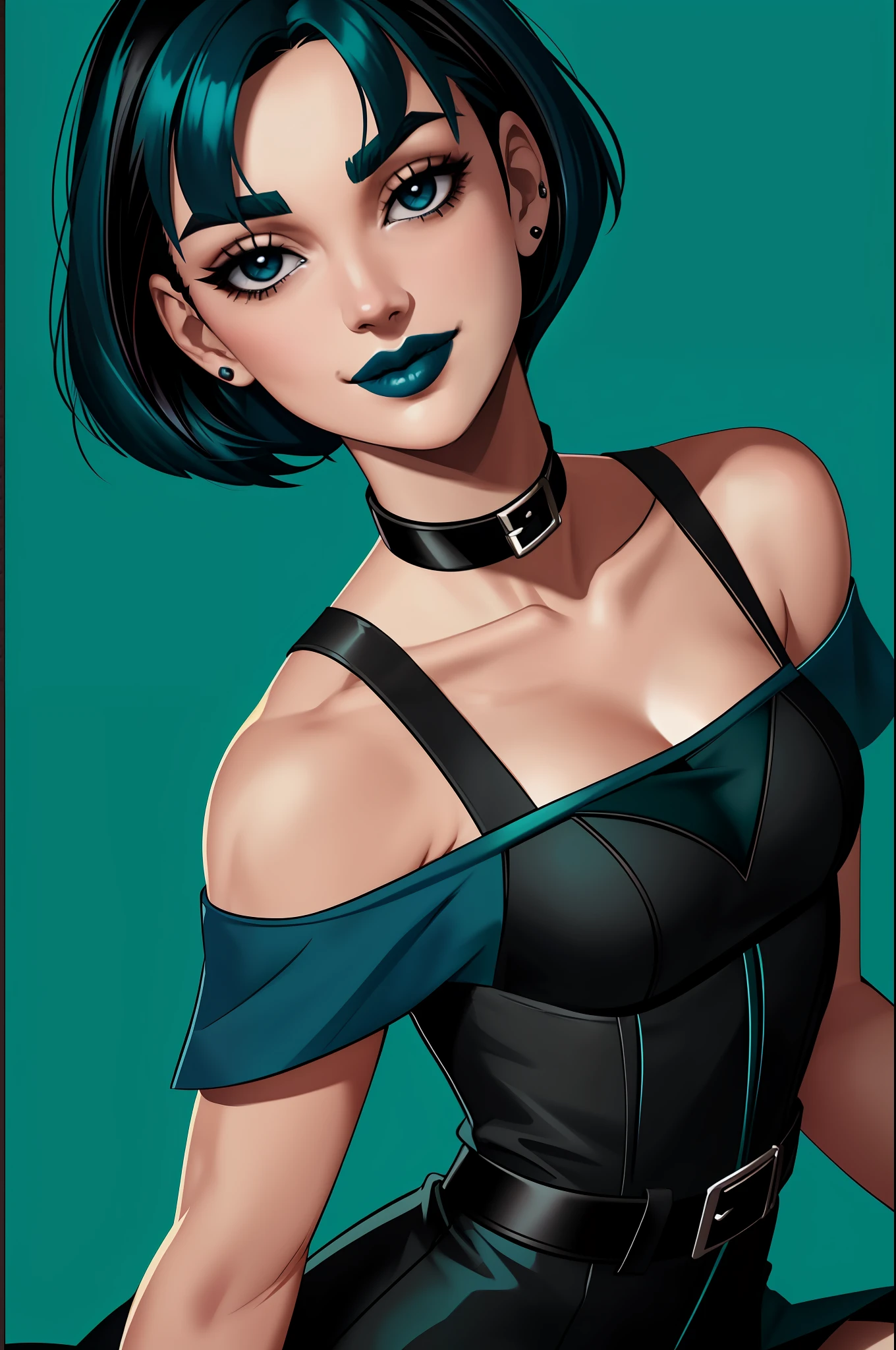 gwen(total drama), masterpiece, best quality, 1girl, solo, blue lips, looking at viewer, breasts, short hair, makeup, black eyes, collar, upper body, arms behind back, choker, smile, bangs, blue hair, collarbone, lipstick, black lips, dress, black choker, cleavage, black collar green hair,