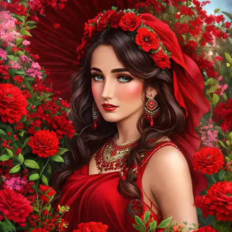 Gypsy with red dress, fan, jewelry, flowers, magical scene, realistic, 8k ,