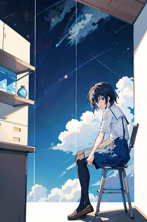 Anime girl sitting on shelf looking at sky, Makoto Shinkai Cyril Roland, 4K anime wallpaper, anime art wallpaper 8K, anime art w...