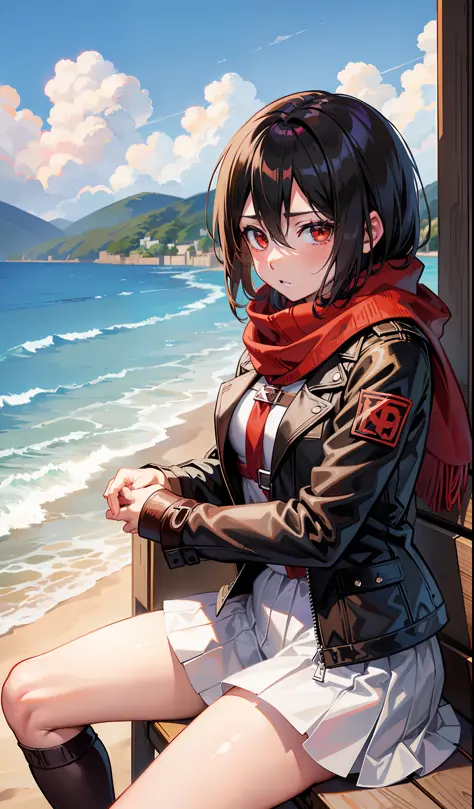 anime girl sitting on a bench on the beach with a red scarf, mikasa ackerman, from attack on titan, in attack on titan, female anime character, (attack on titans anime), the anime girl is crouching, anime visual of a young woman, anime visual of a cute gir...