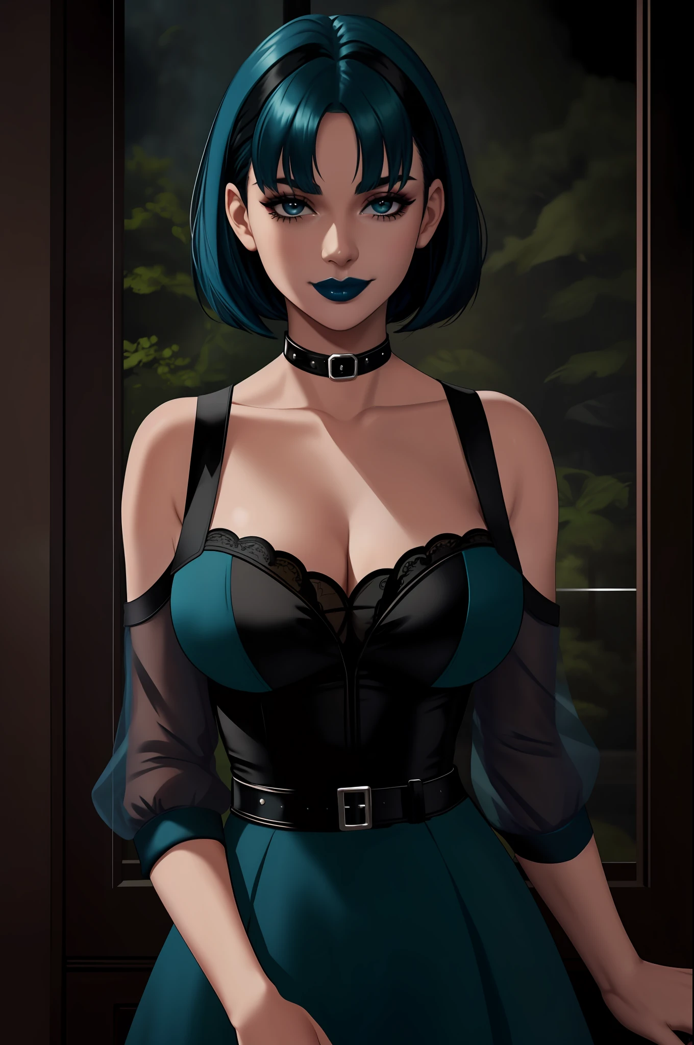 A woman with blue hair and a black dress posing for a picture - SeaArt AI