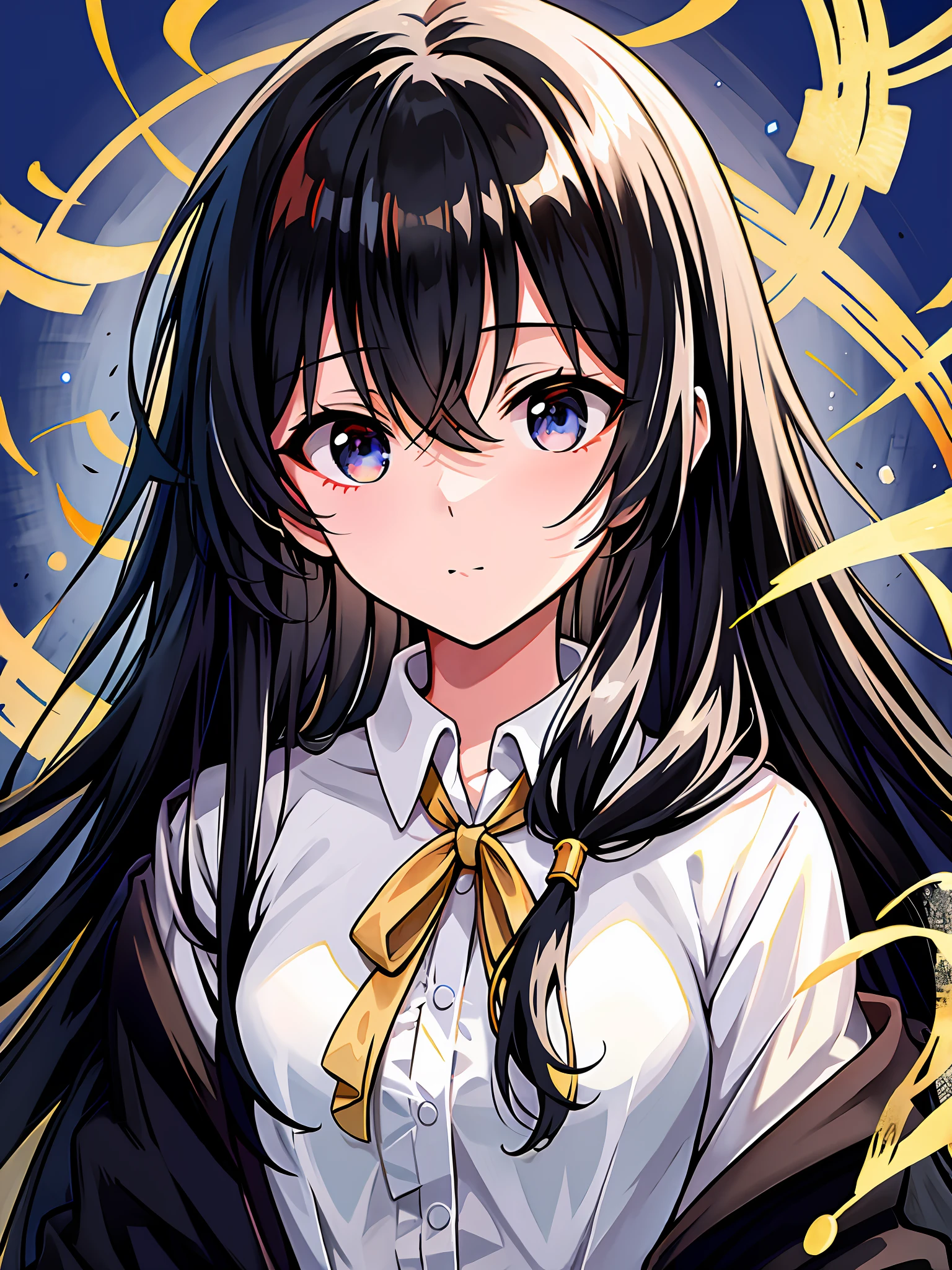 Anime girl with long black hair and white shirt, anime moe art style, brunette goddess, official art, 1girl, full body, (masterpiece), (best quality), (ultra_detailed), fine details, (masterpiece, best quality: 1.3), (super fine: 1.3), golden eyes, long black hair, loose hair, cute style, golden eyes, white shirt, black coat, dull hair