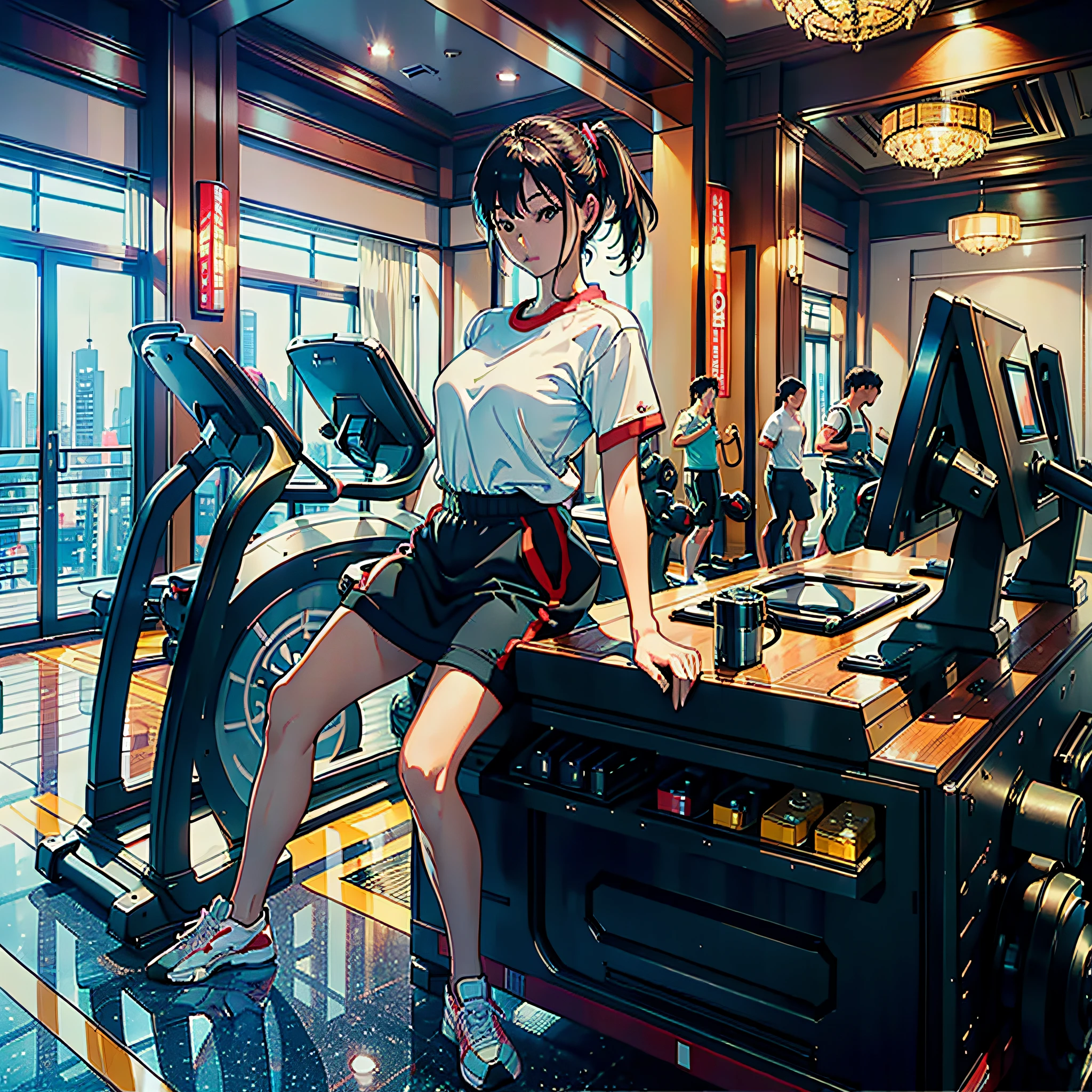 Anime girl in a gym room with a tread machine - SeaArt AI