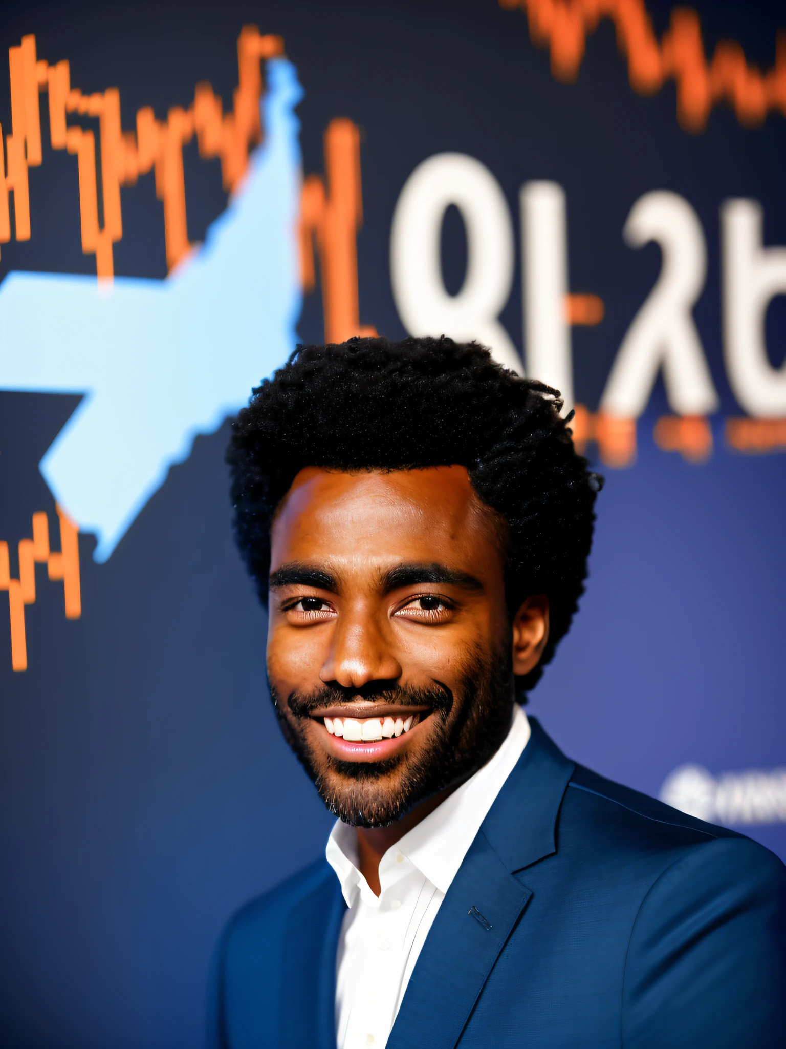 Dark-skinned black man with black power hair, hair standing up, hands on head in fright, white teeth, dressed in blue suit, inside a stock exchange office, price charts in the background on the mural